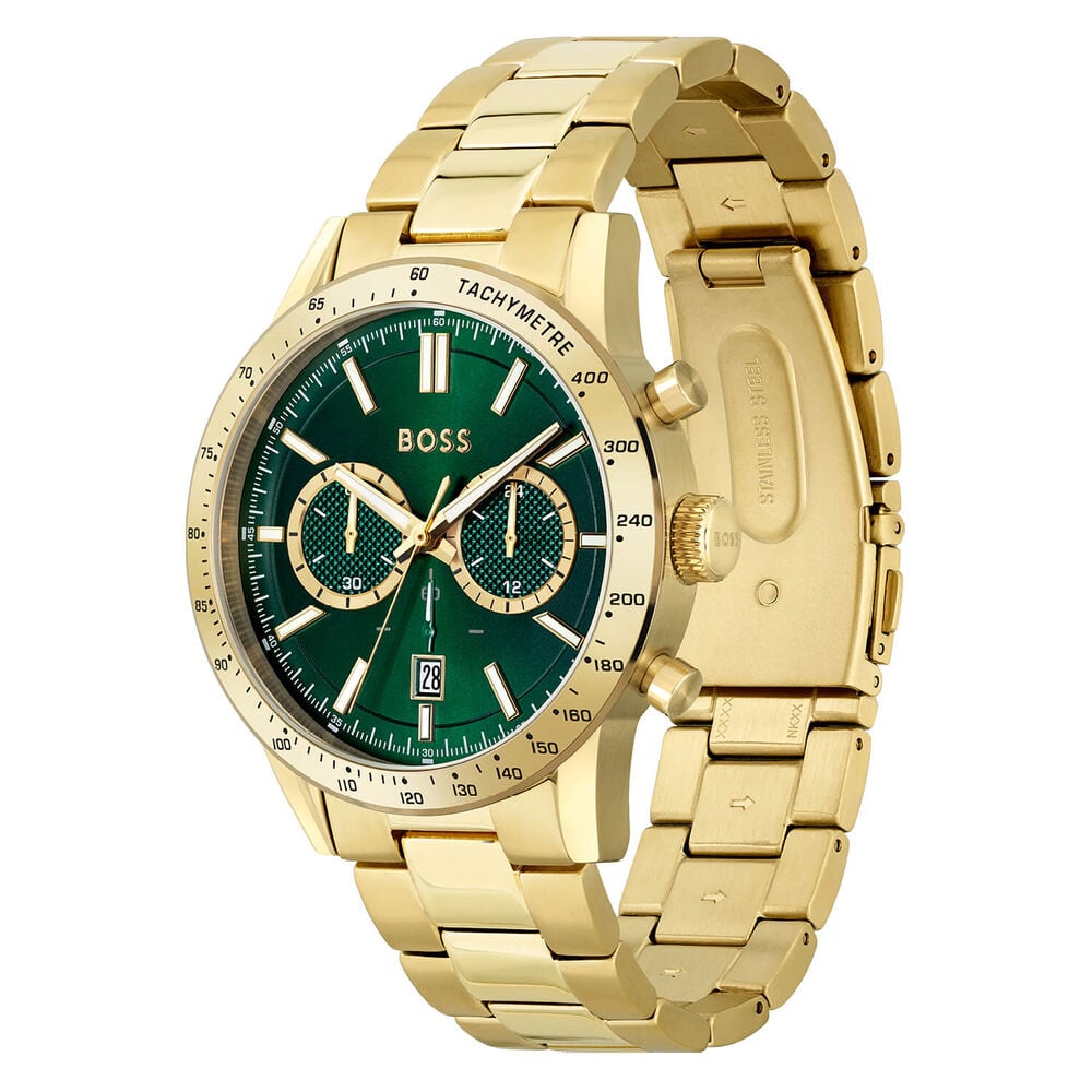 BOSS Allure Chronograph 44mm Quartz Green Dial Yellow Gold IP Case Bracelet Watch