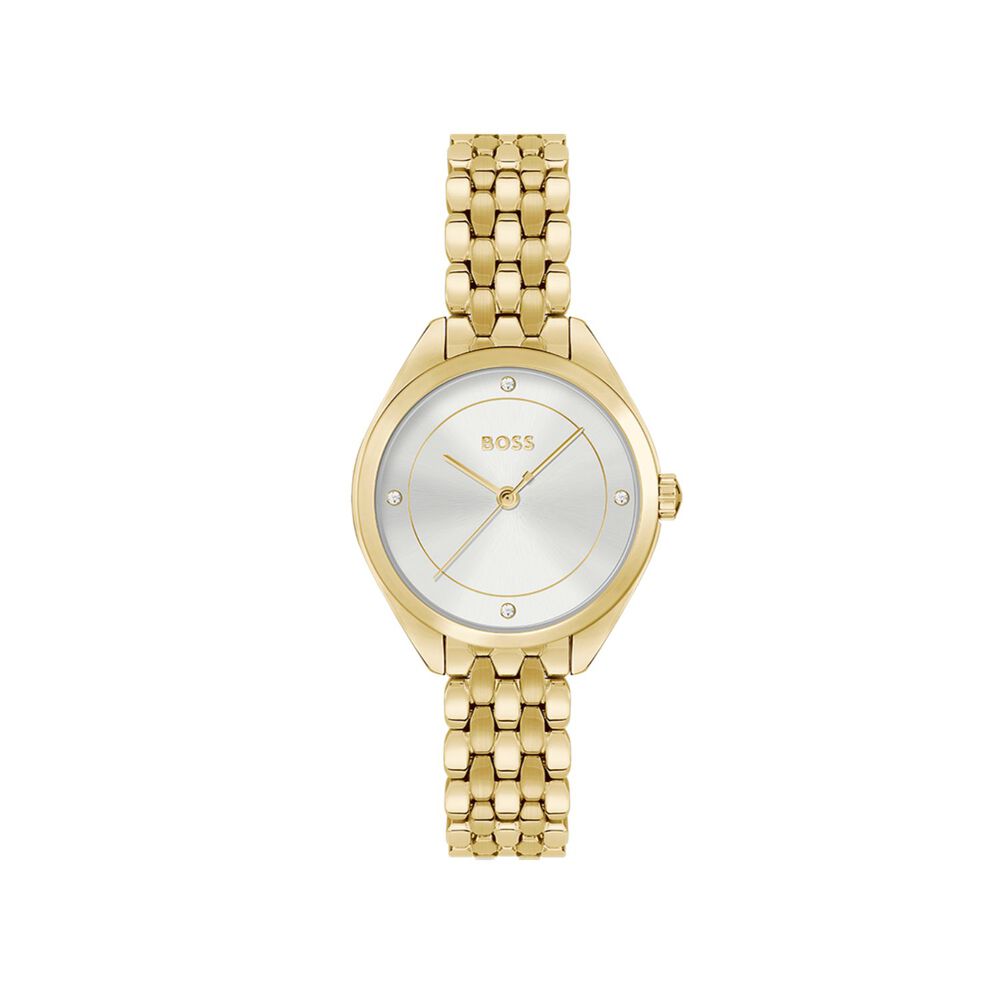 BOSS Mae 30mm Silver 3 Hand Dial Yellow Gold IP Bracelet Watch