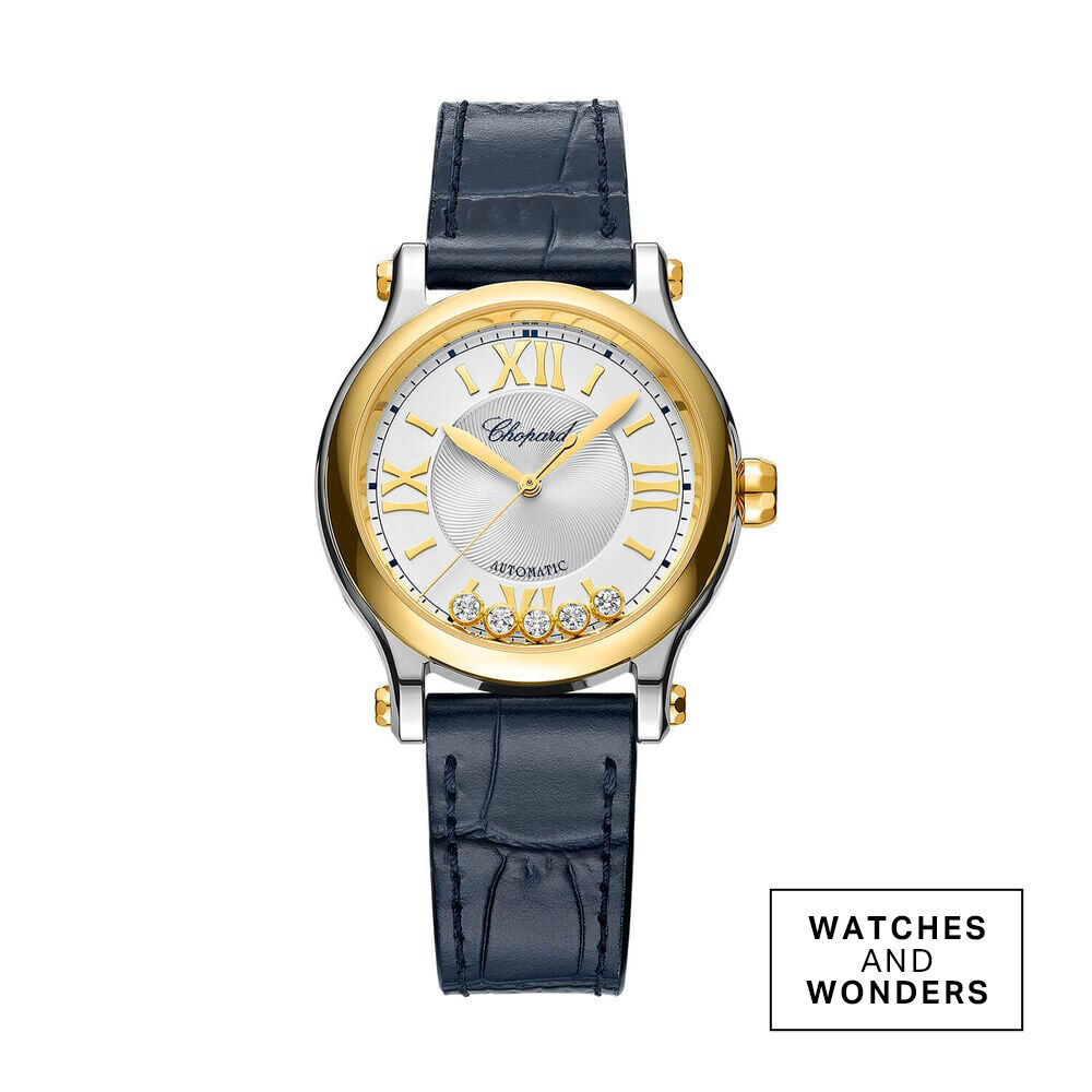 Chopard Happy Sport 33mm Silver Dial 0.25ct Diamonds 18ct Gold Case Blue Leather Strap Watch image number 0