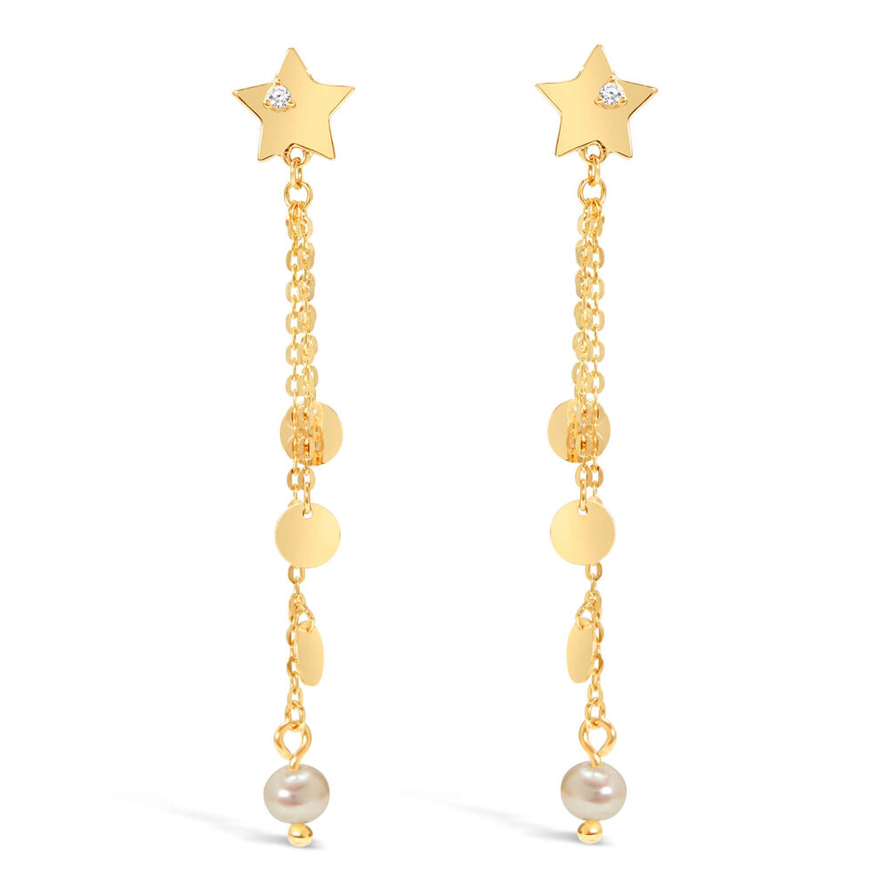 9ct Yellow Gold Star Pearl and Disc Drop Earrings image number 0