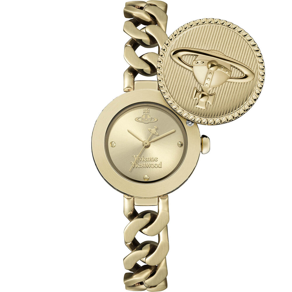 Vivienne Westwood Orb Button 25.4mm Gold Dial Link Chain Steel Bracelet Watch image number 1
