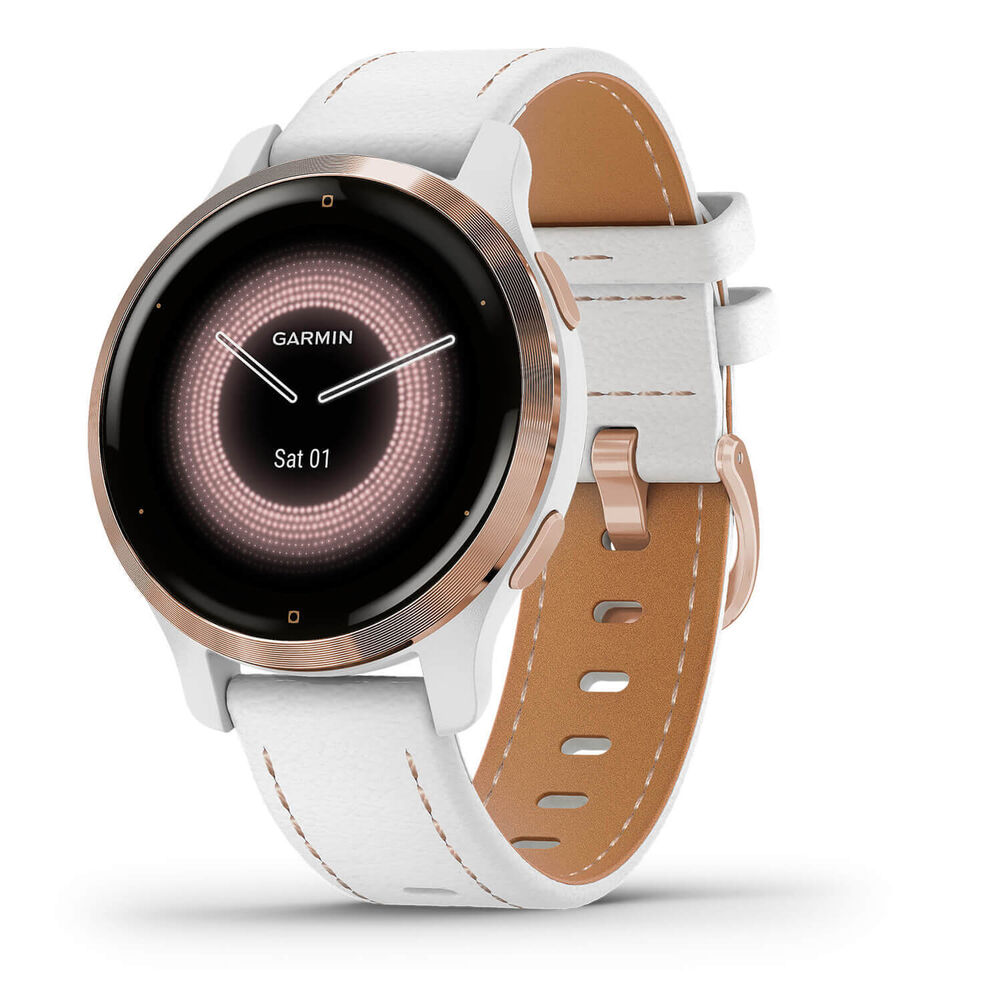 Garmin Venu 2S Rose Gold & White Case White Leather Strap Watch