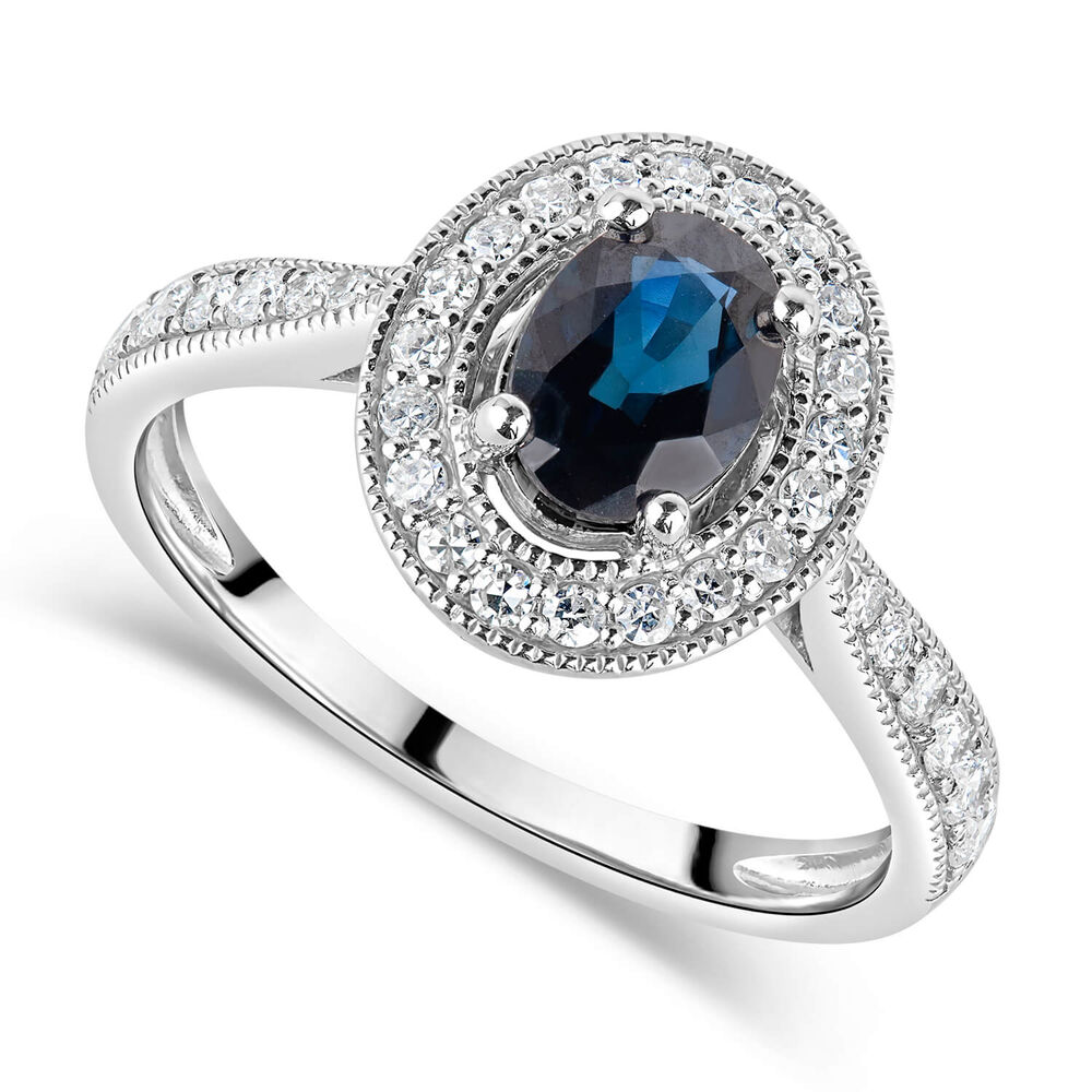 9ct White Gold Diamond Halo and Oval Sapphire Ring