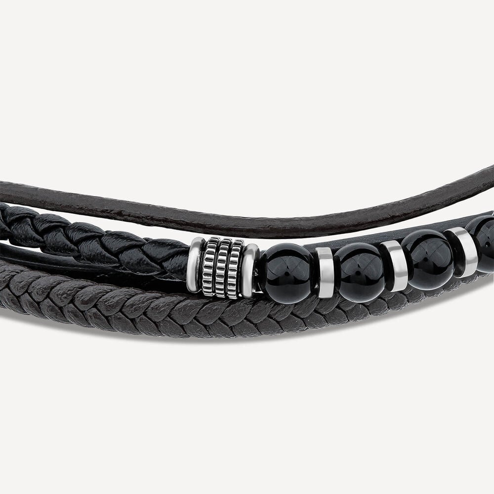 Gents Steel Onyx & Leather Multi Strap Bracelet image number 3