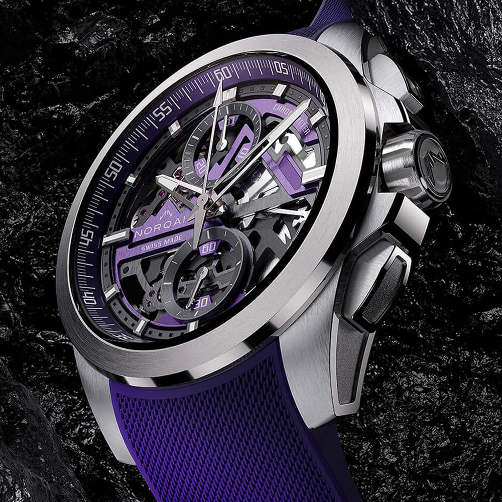 NORQAIN Independence Skeleton Chrono 42mm Dial Titanium Case Purple Rubber Strap Watch image number 3
