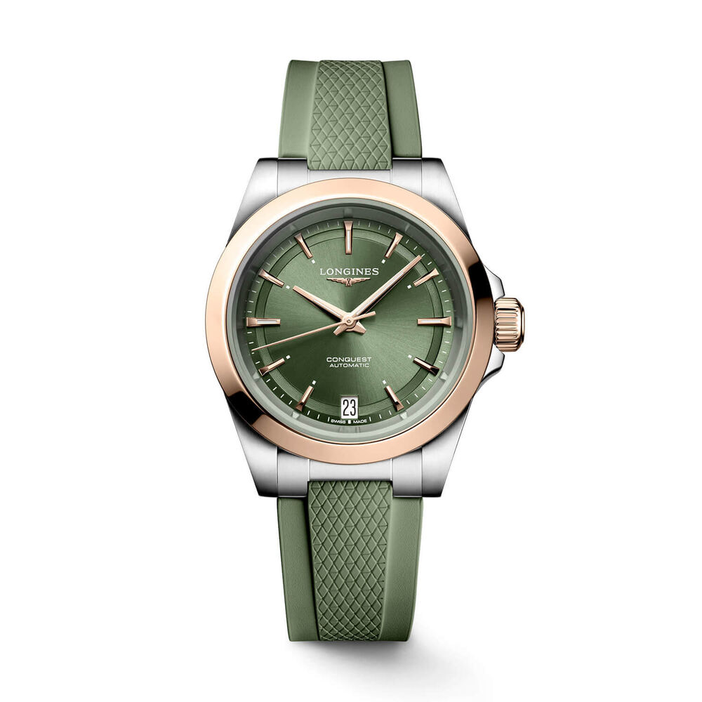 Longines Conquest 34mm Green Dial Pink Gold Case Rubber Strap Watch image number 0