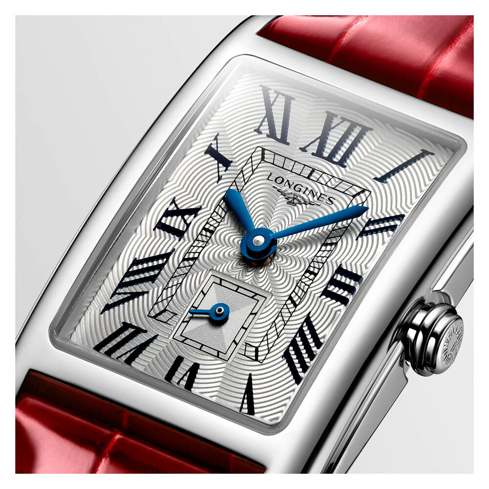 Longines DolceVita Silver With Roman Numeral Dial Steel Case Red Strap Watch image number 4