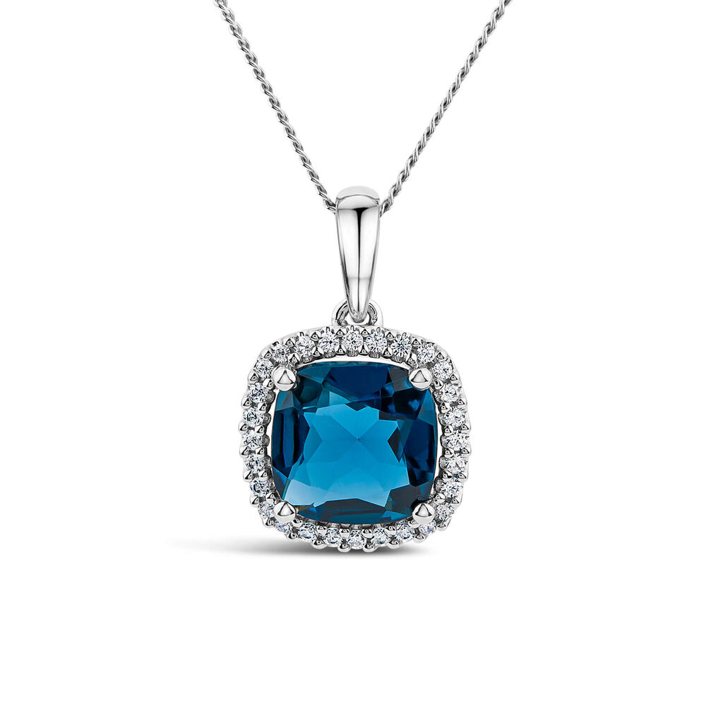 9ct White Gold Cushion London Blue Topaz & 0.10ct Diamond Pendant image number 0