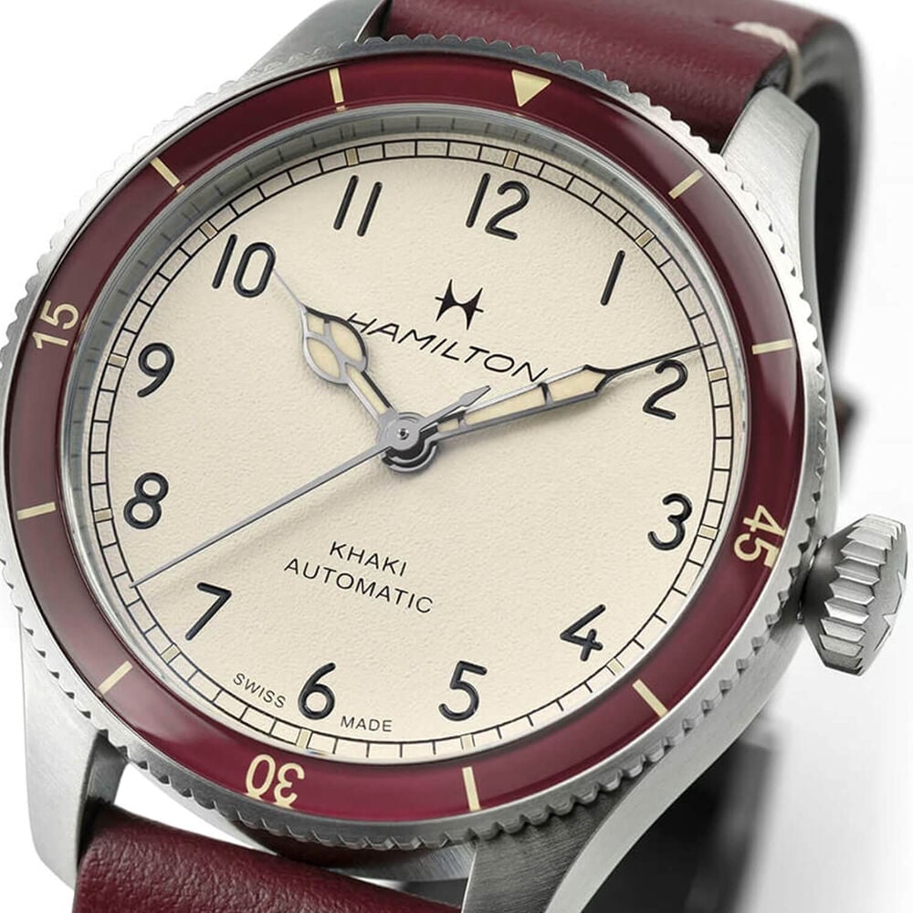 Khaki Aviation Pilot Pioneer 38mm White Dial Burgundy Leather Strap Watch