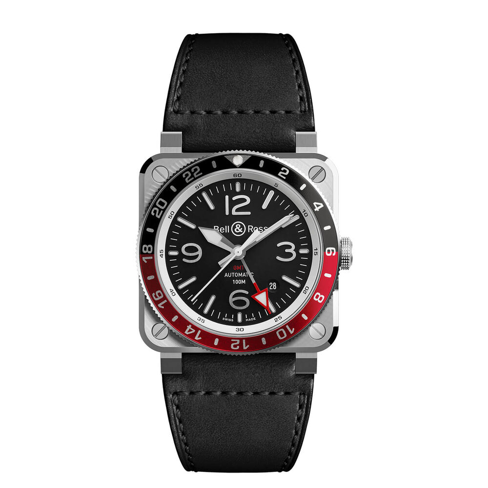 Bell & Ross BR03-93 GMT Black And Red Bezel Steel Case Black Strap Watch