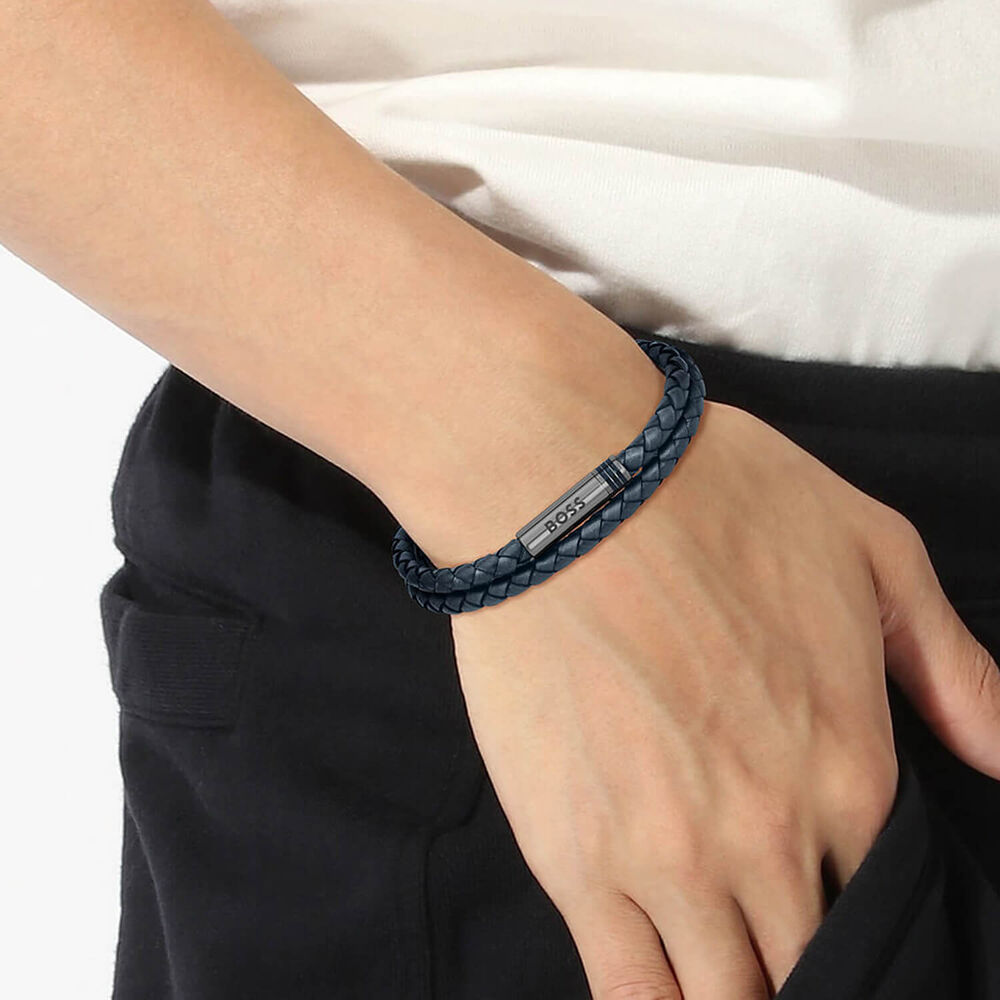 BOSS Ares Blue Braided Leather Bracelet image number 2