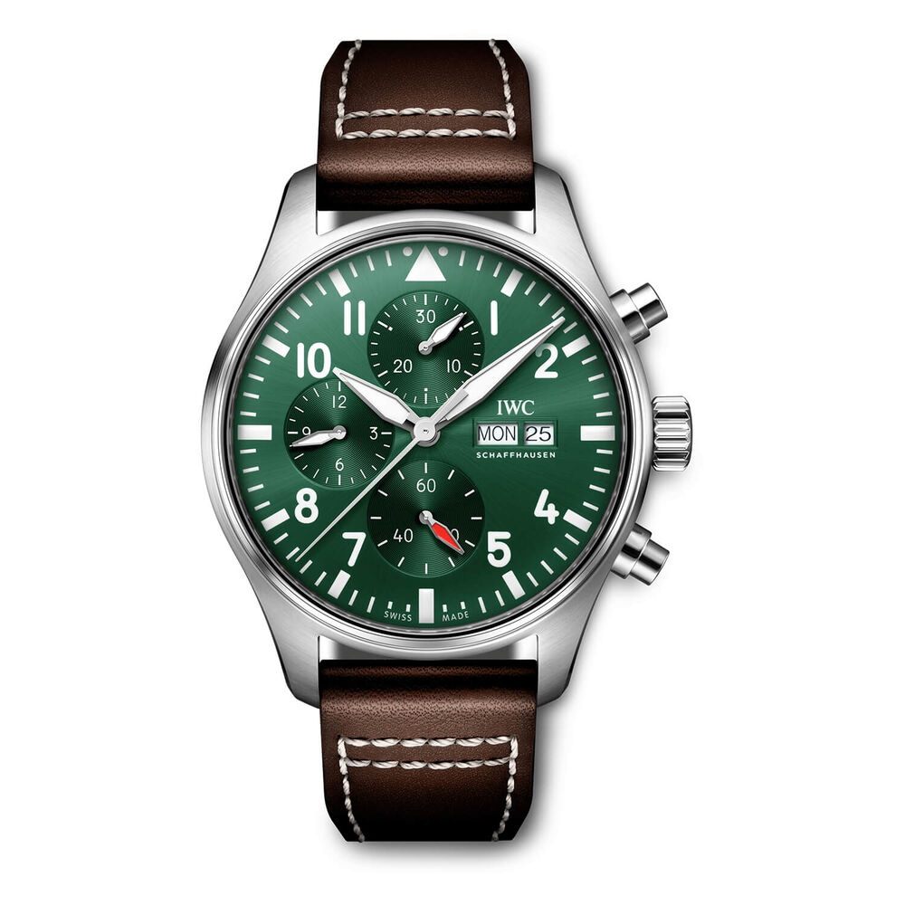 IWC Schaffhausen Pilot's Chronograph 43mm Green Dial Steel Case Brown Leather Strap image number 0