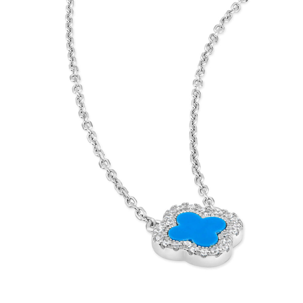 Sterling Silver Turqoise Centre Cubic Zirconia Set Clover Petal Necklet image number 2