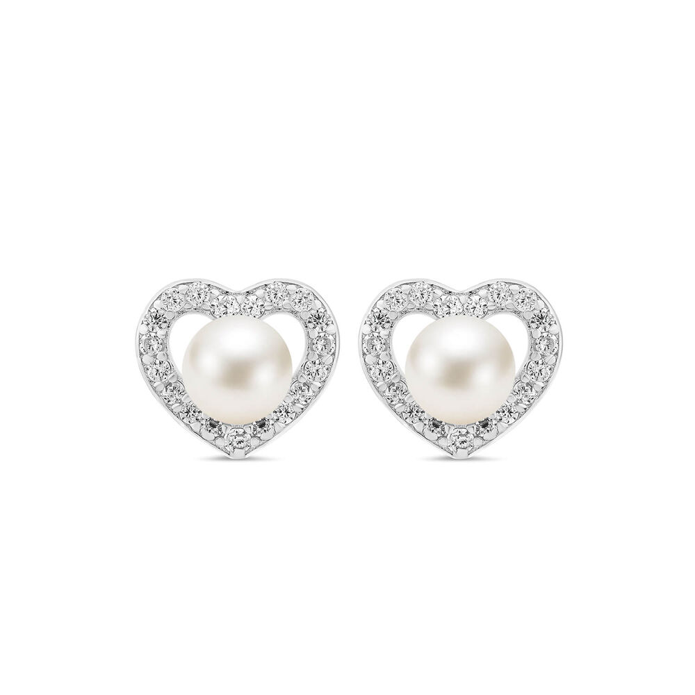 Sterling Silver 4.5-5mm Freshwater Pearl & Cubic Zirconia Heart Shaped Stud Earrings