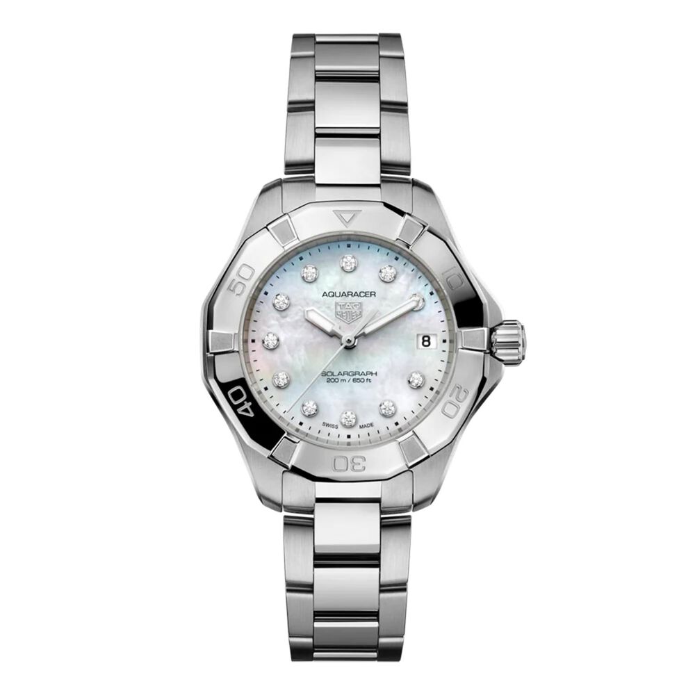 TAG Heuer Aquaracer Professional 200 Solargraph 34mm White MOP Dial Diamond Dot Steel Bracelet Watch