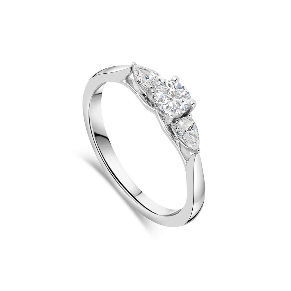 Platinum Orchid Setting Three Stone 0.50 Carat Round Diamond Pear Ring