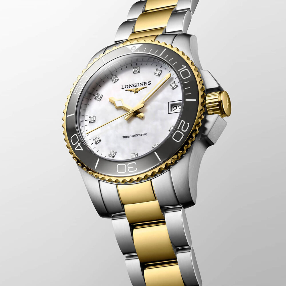 Longines Hydroconquest Ladies 32mm Pearlised Dial Steel & Yellow Gold PVD Bracelet Watch image number 3