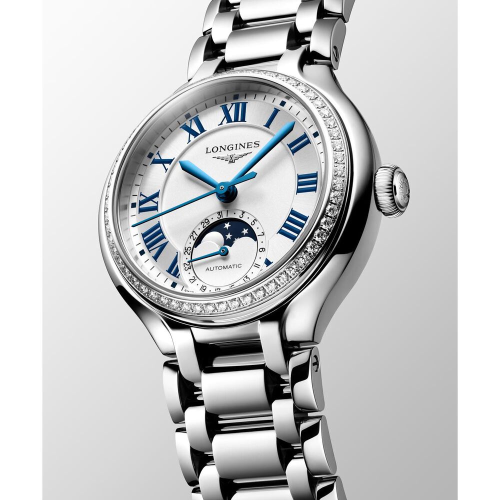 Longines Elegance Primaluna 34mm Moonphase Silver Dial Diamond Bezel Steel Bracelet Watch image number 2
