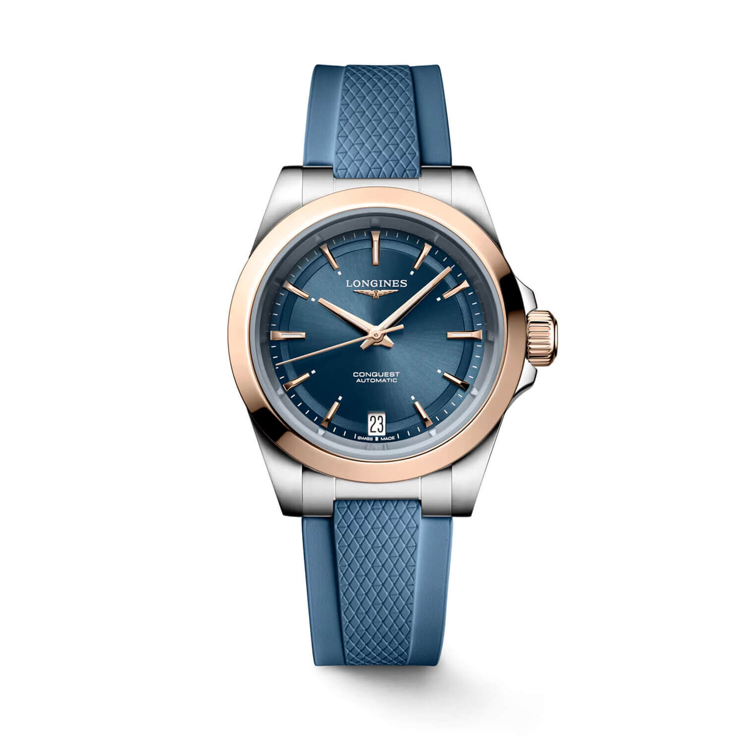 Longines Conquest 34mm Blue Dial Rose Gold Bezel Watch