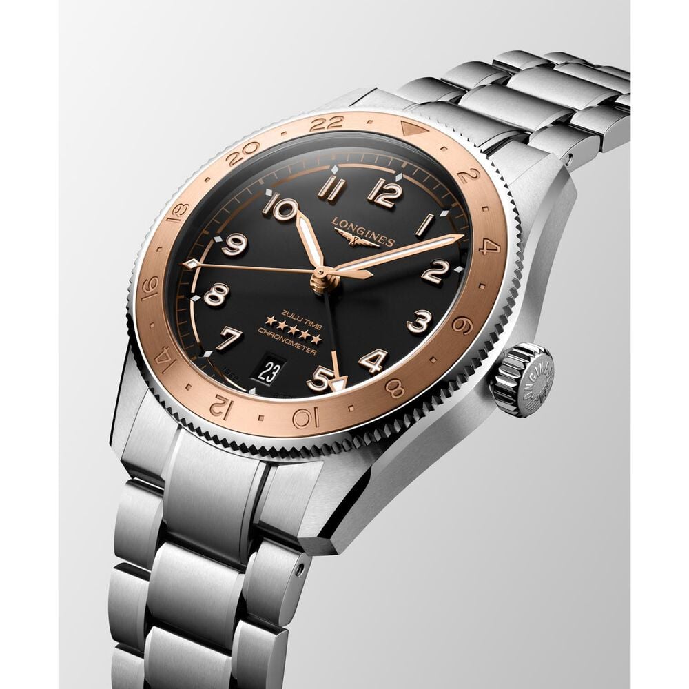 Longines Spirit Zulu Time 1925 39mm Black Dial 18kt Rose Gold Bezel Steel Bracelet Watch image number 3