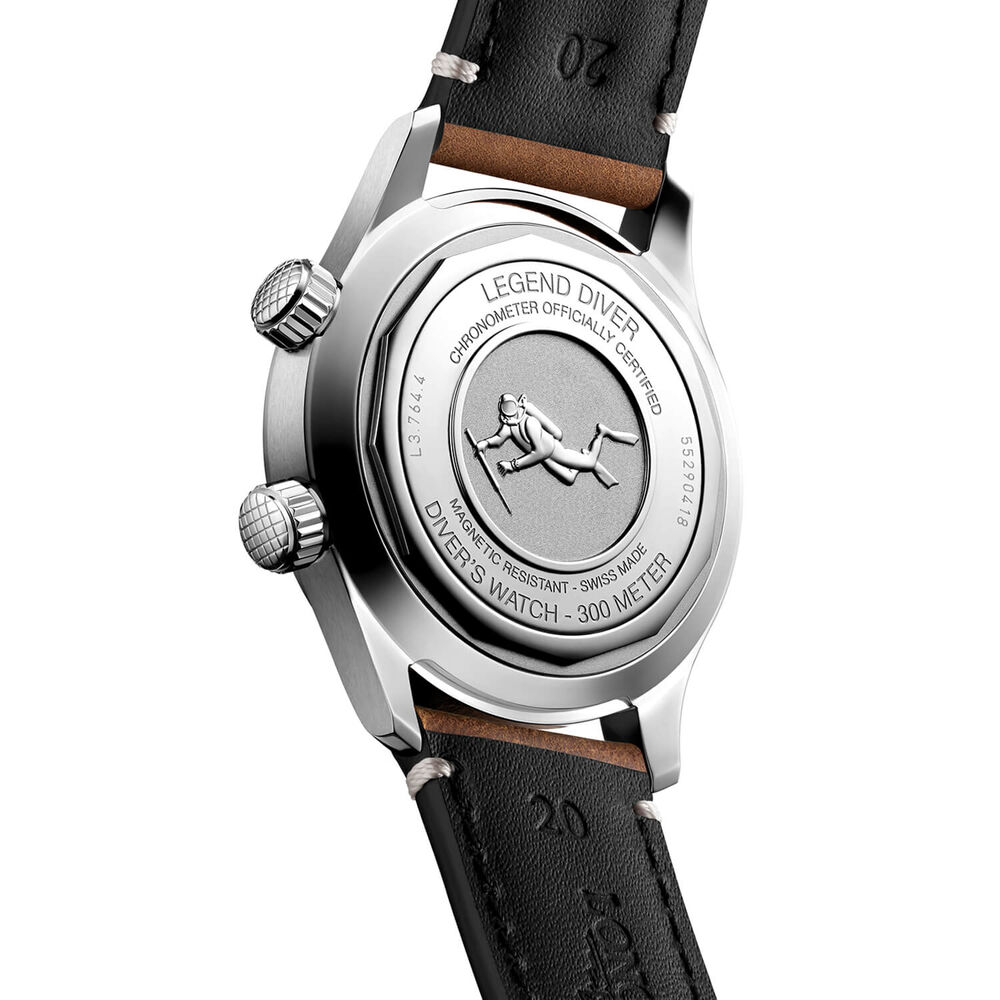 Longines Legend Diver 39mm Black Dial Stainless Steel Case Brown Leather Strap Watch image number 5