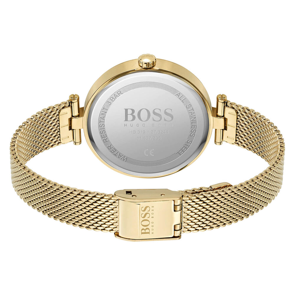 Hugo Boss Majesty 32mm Silver Dial 3 Baguette Cubic Zirconia Dial Yellow Gold IP Case Bracelet Watch image number 2