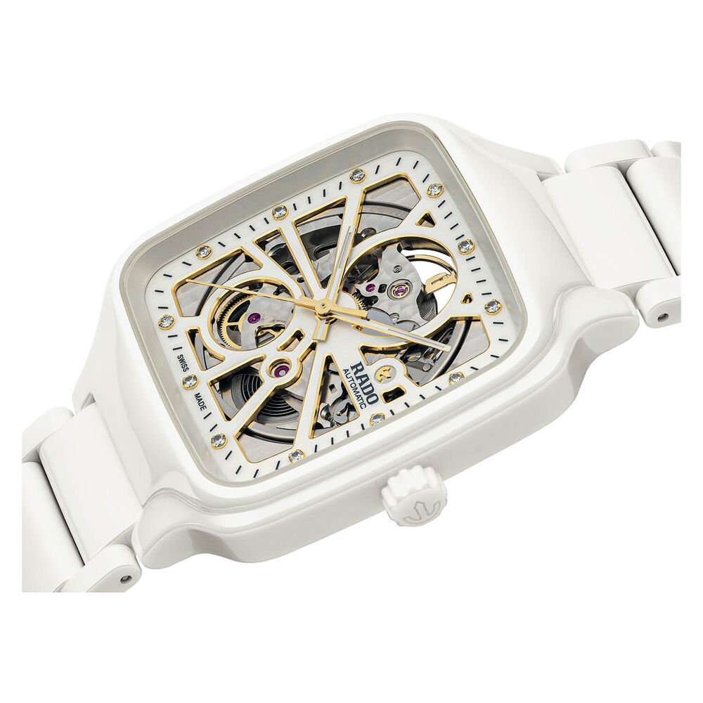 Rado True Square Automatic Open Heart 38mm Skeleton Dial White Ceramic Bracelet Watch