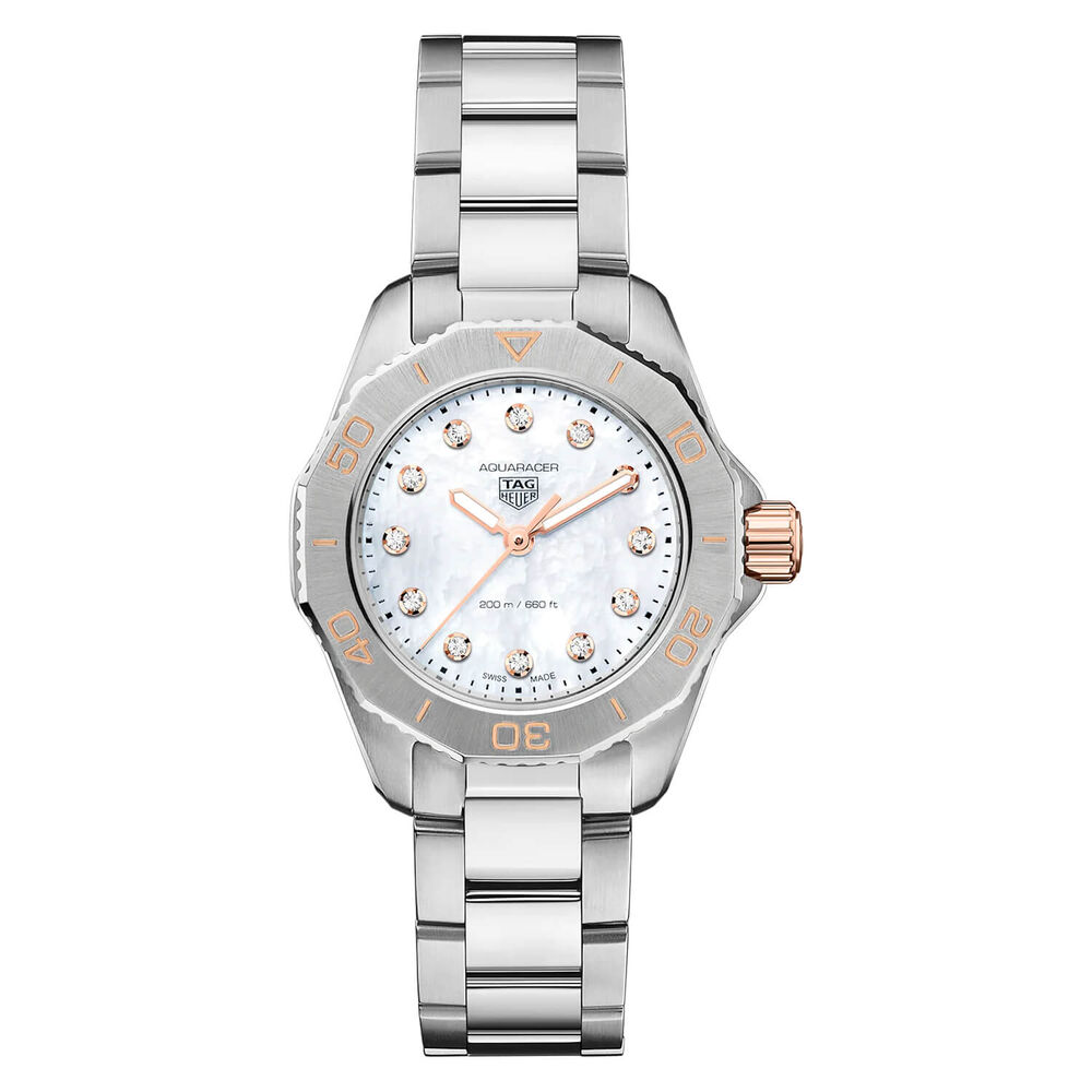 TAG Heuer Aquaracer Professional 200 30mm MOP Dial Diamond Rose Gold Hands Steel Bracelet Watch image number 0