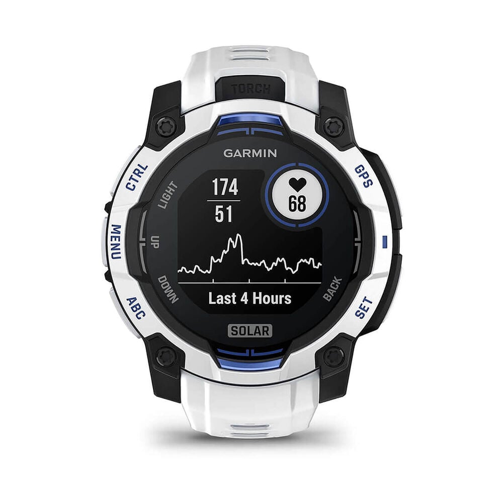 Garmin Instinct 3 45mm Solar Whitestone Bezel Whitestone & Bolt Blue Silicone Strap Watch image number 1