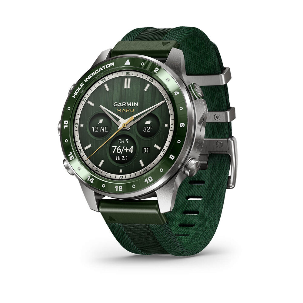 Garmin MARQ Golfer (Gen 3) 47mm Grade 5 Titanium Case Green Jacquard Woven Nylon Strap Watch