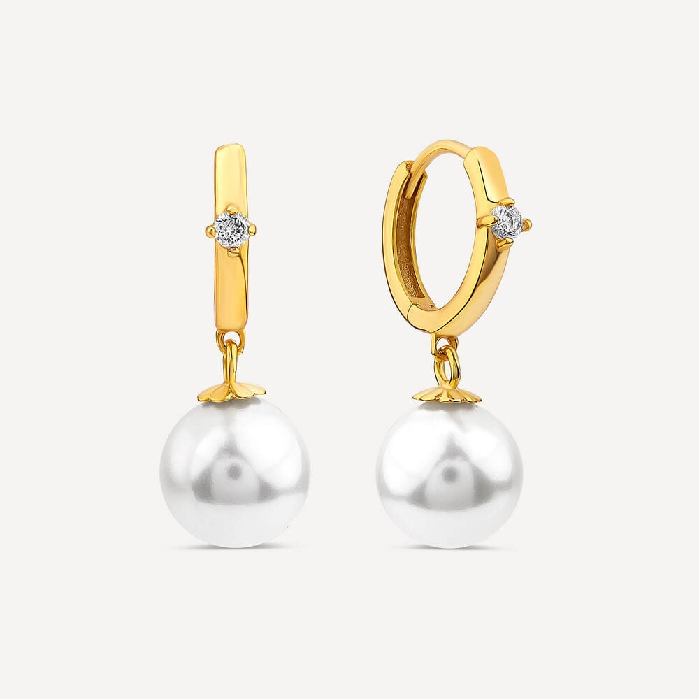 Yellow Gold Plated Sterling Silver Hoop Cubic Zirconia & Pearl Drop Earrings image number 1