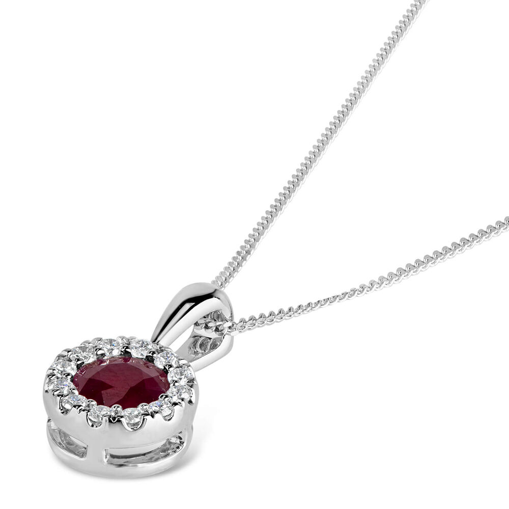 9ct White Gold Ruby and 0.12ct Diamond Halo Pendant image number 2