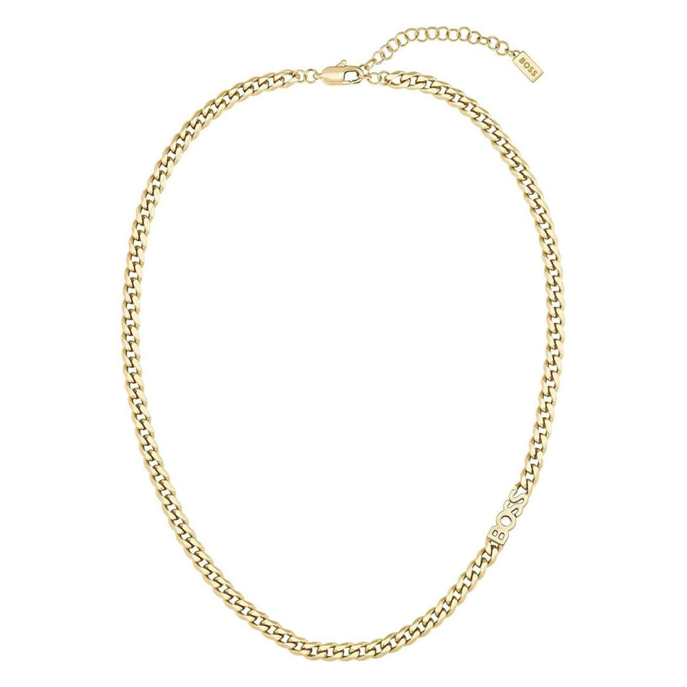 BOSS Kassy Yellow Gold Curb Chain Logo Stainless Steel Necklace image number 0