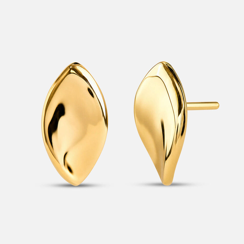Yellow Gold Plated Sterling Silver Curved Polished Leaf Stud Earrings