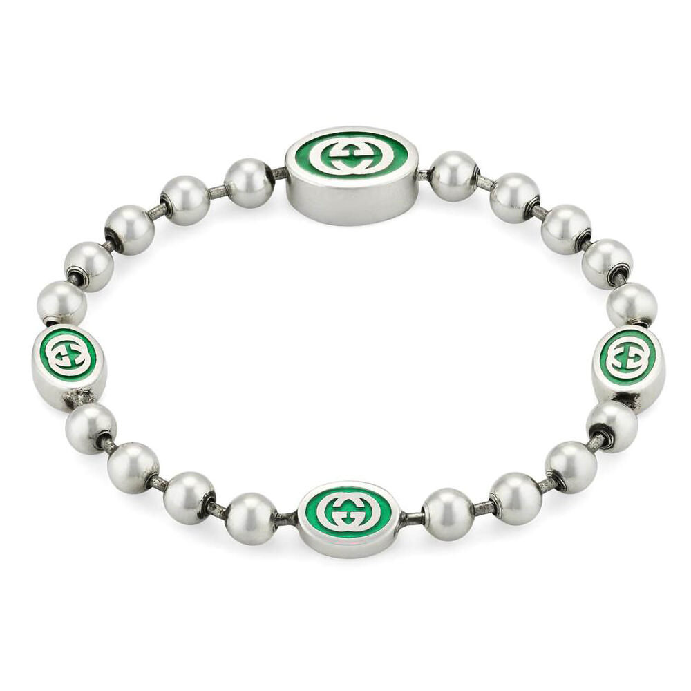 Gucci Interlocking G Sterling Silver Green Enamel Bracelet (Size: L)