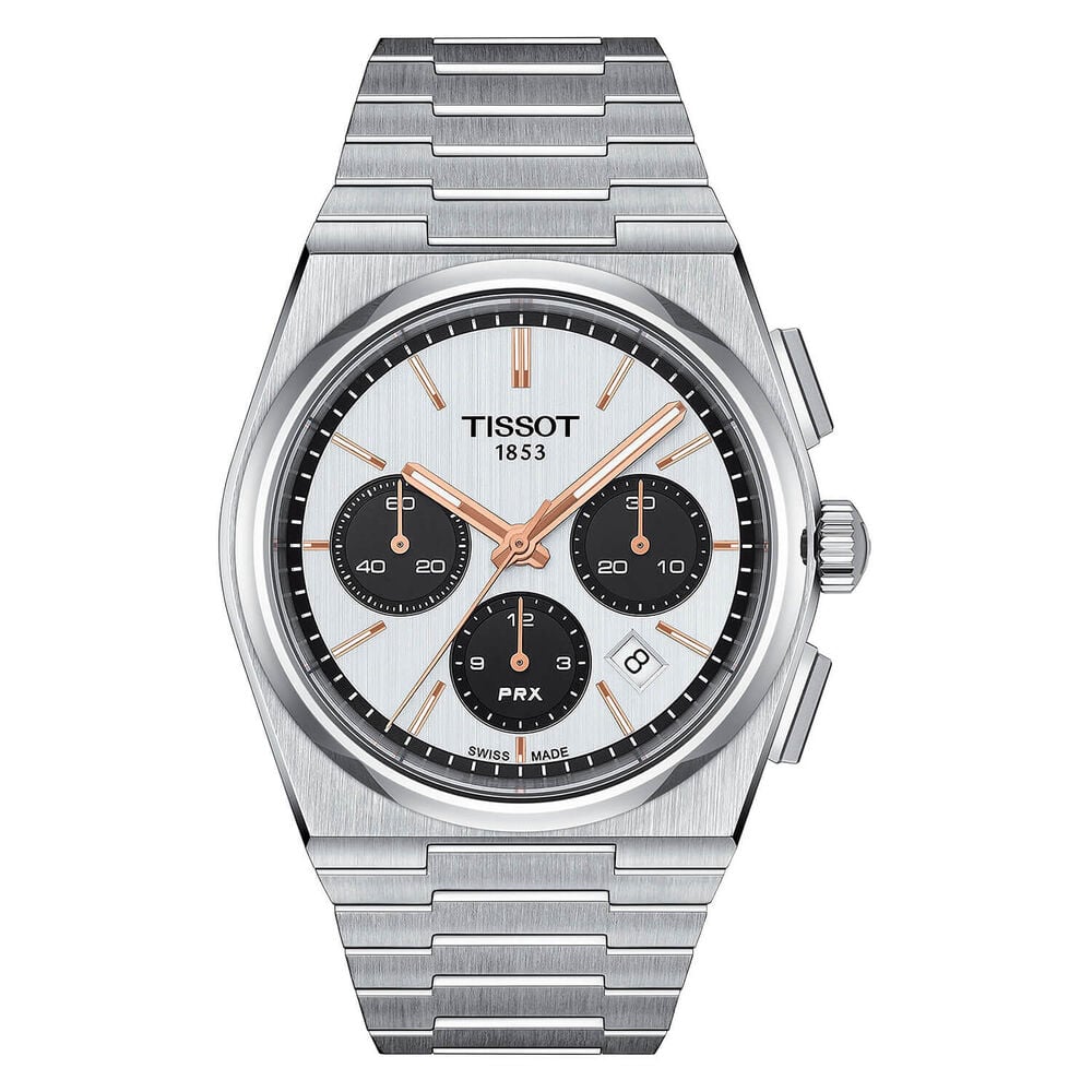 Tissot PRX Chronograph 42mm Automatic White Dial Rose Gold Indexes Steel Case Bracelet Watch