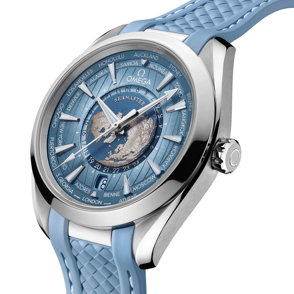 OMEGA Seamaster Aqua Terra 150M Gmt Worldtimer 43mm Summer Blue Dial Rubber Strap Watch image number 1