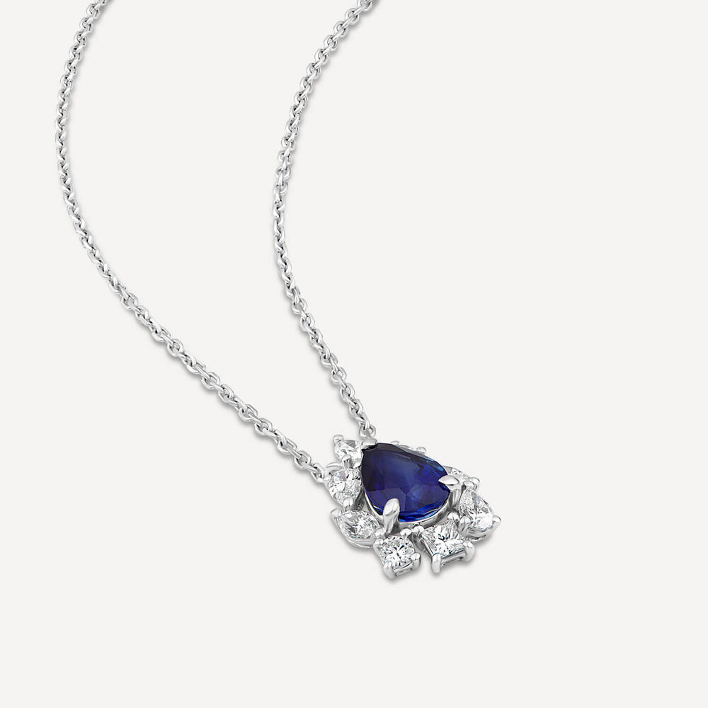 9ct White Gold Sapphire & 0.49ct Mixed Cuts Halo Diamond Pendant image number 3