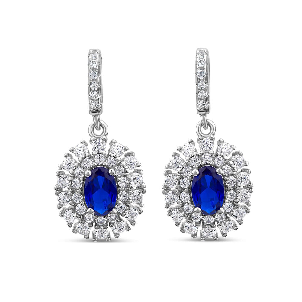 Sterling Silver Blue & White Cubic Zirconia Double Halo Drop Earrings