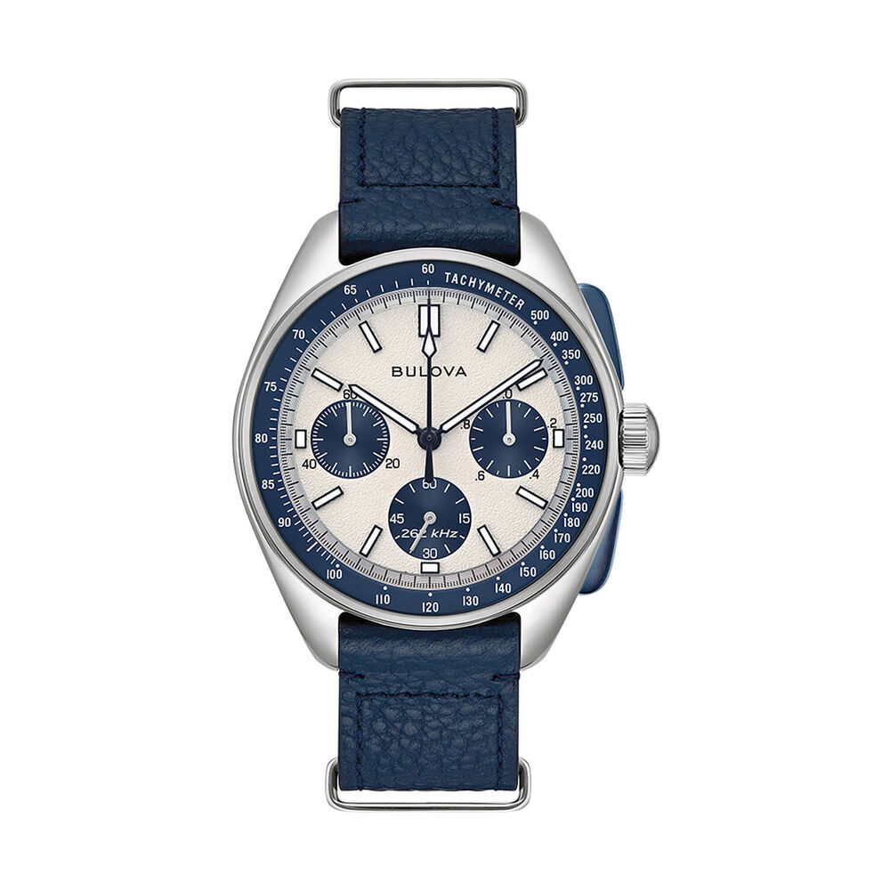 Bulova Lunar Pilot 43.5mm Blue & Silver Dial Steel Bracelet & Blue Leather Strap Set Watch image number 2