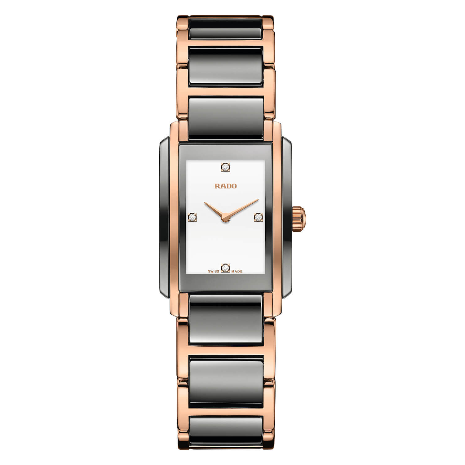 Rado Integral 22.7MM White Enamel Diamond Dot Dial Rose Gold Plasma Case Bracelet Watch