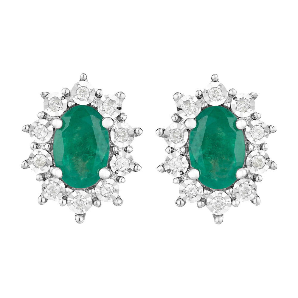 9ct white gold oval emerald and diamond stud earrings