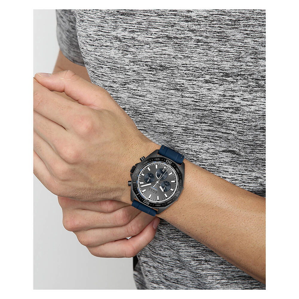 BOSS Energy 44mm Grey Dial Black PVD Case Blue Rubber Strap Chrono Watch image number 3