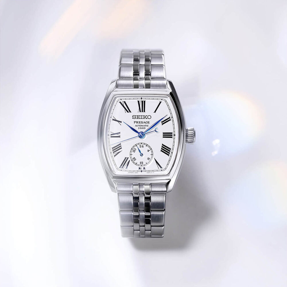Seiko Presage Classic Series Enamel &lsquo;Tonneau&rsquo; 36mm White Dial Steel Bracelet Watch