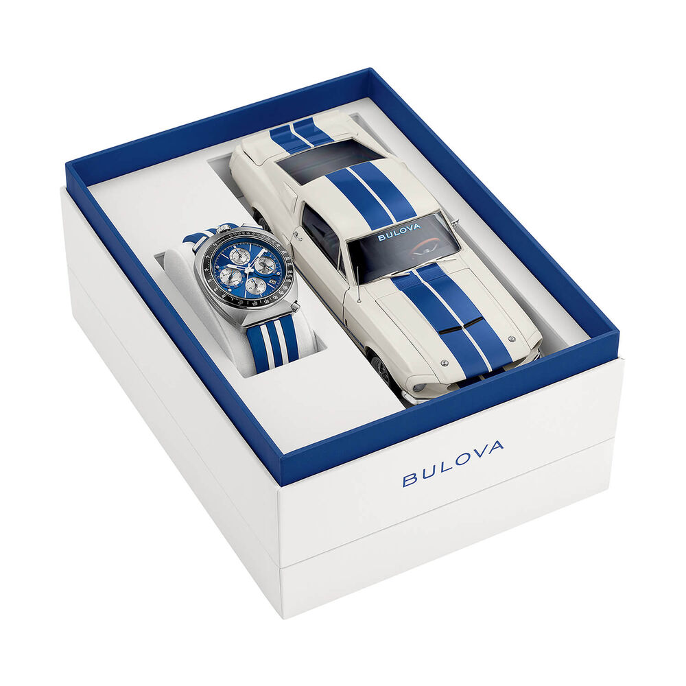 Bulova Shelby Racing Chronograph 43mm Blue Dial Striped Rubber Strap Watch image number 5