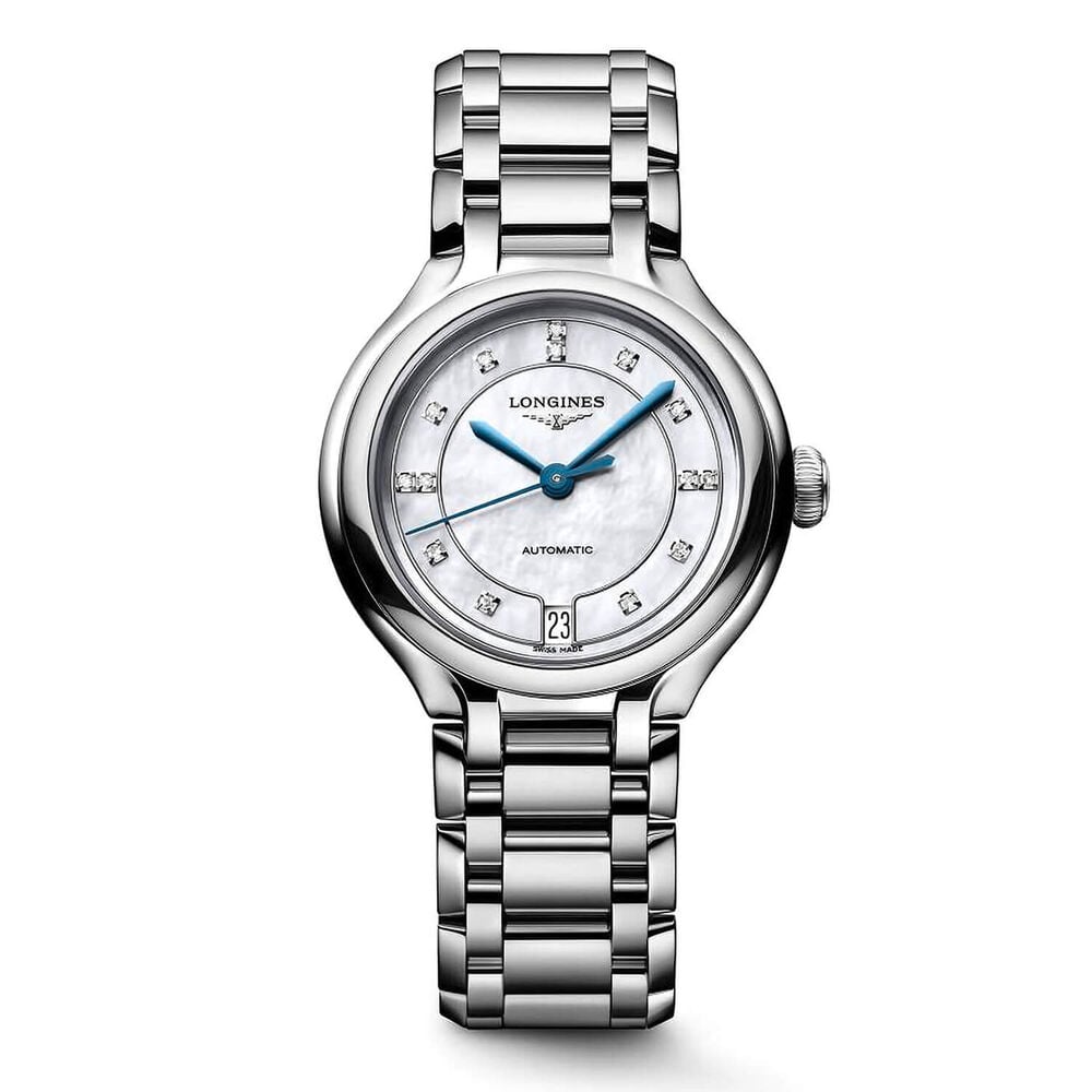 Longines Elegance Primaluna 34mm Mother of Pearl Dial Diamond Dots Steel Bracelet Watch image number 0