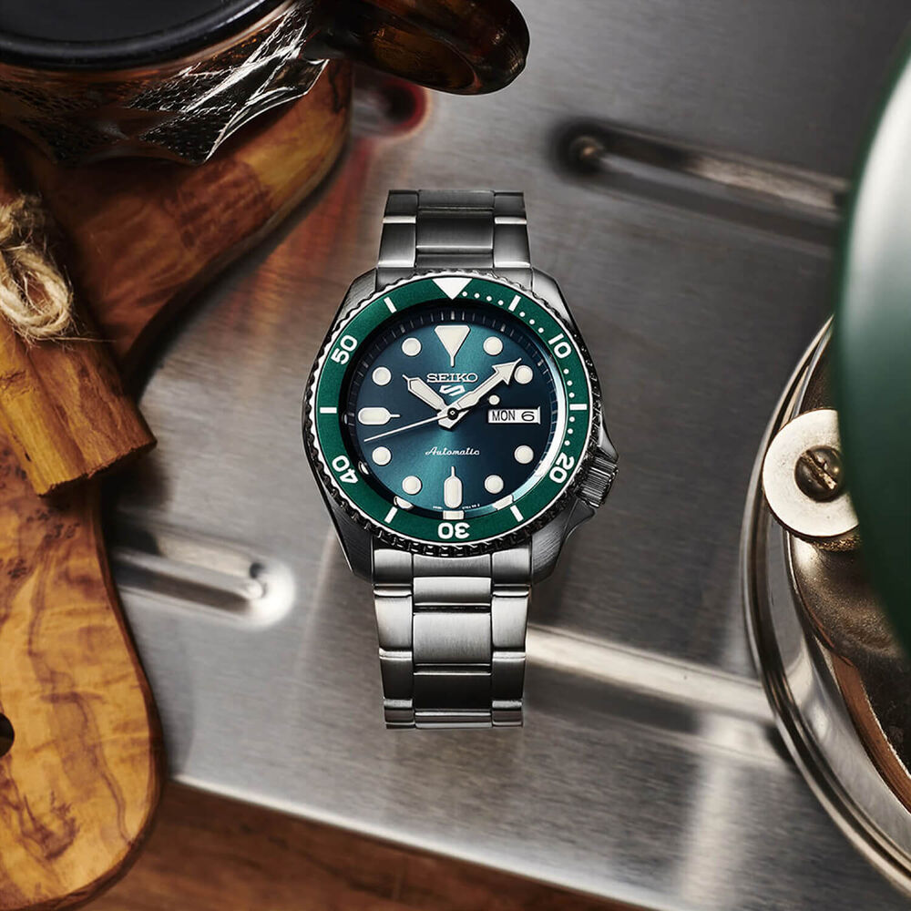 Seiko 5 Sports Style 42.5mm Green Dial Steel Bracelet Watch image number 1