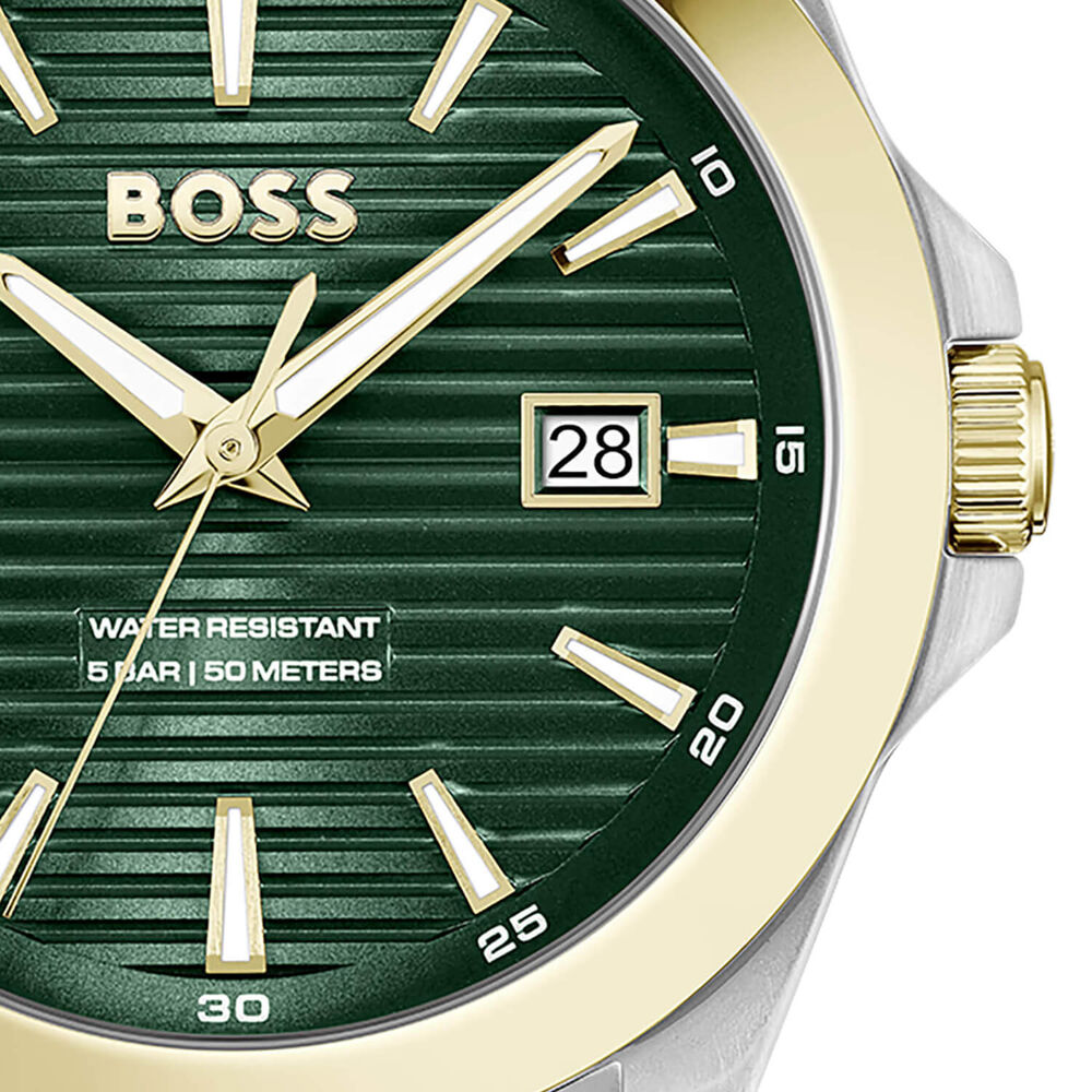 BOSS Strike 41mm Green Textured Dial Gold Tone Bezel Steel Bracelet Watch