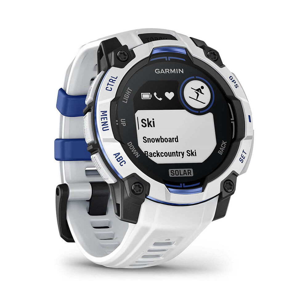 Garmin Instinct 3 45mm Solar Whitestone Bezel Whitestone & Bolt Blue Silicone Strap Watch image number 3