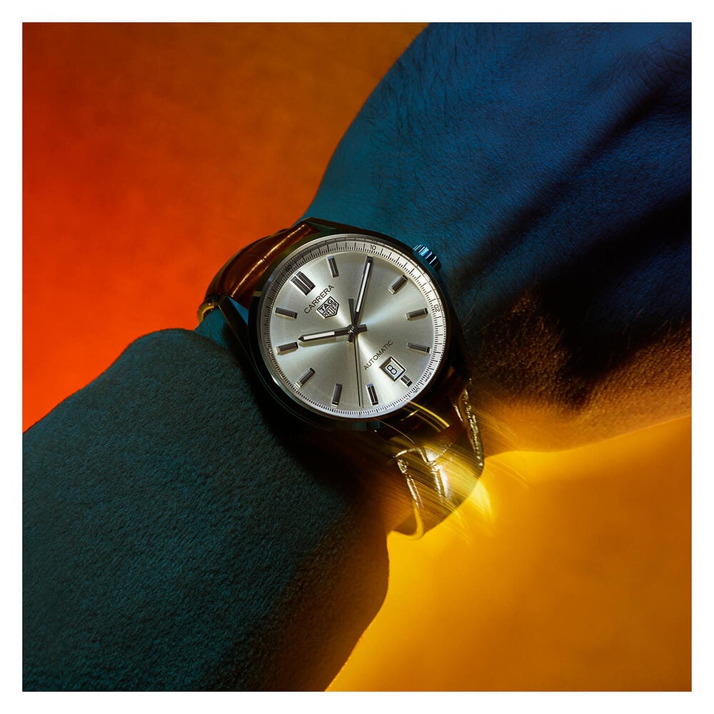 TAG Heuer Carrera Date 39mm Silver Dial Steel Case Black Leather Strap Watch